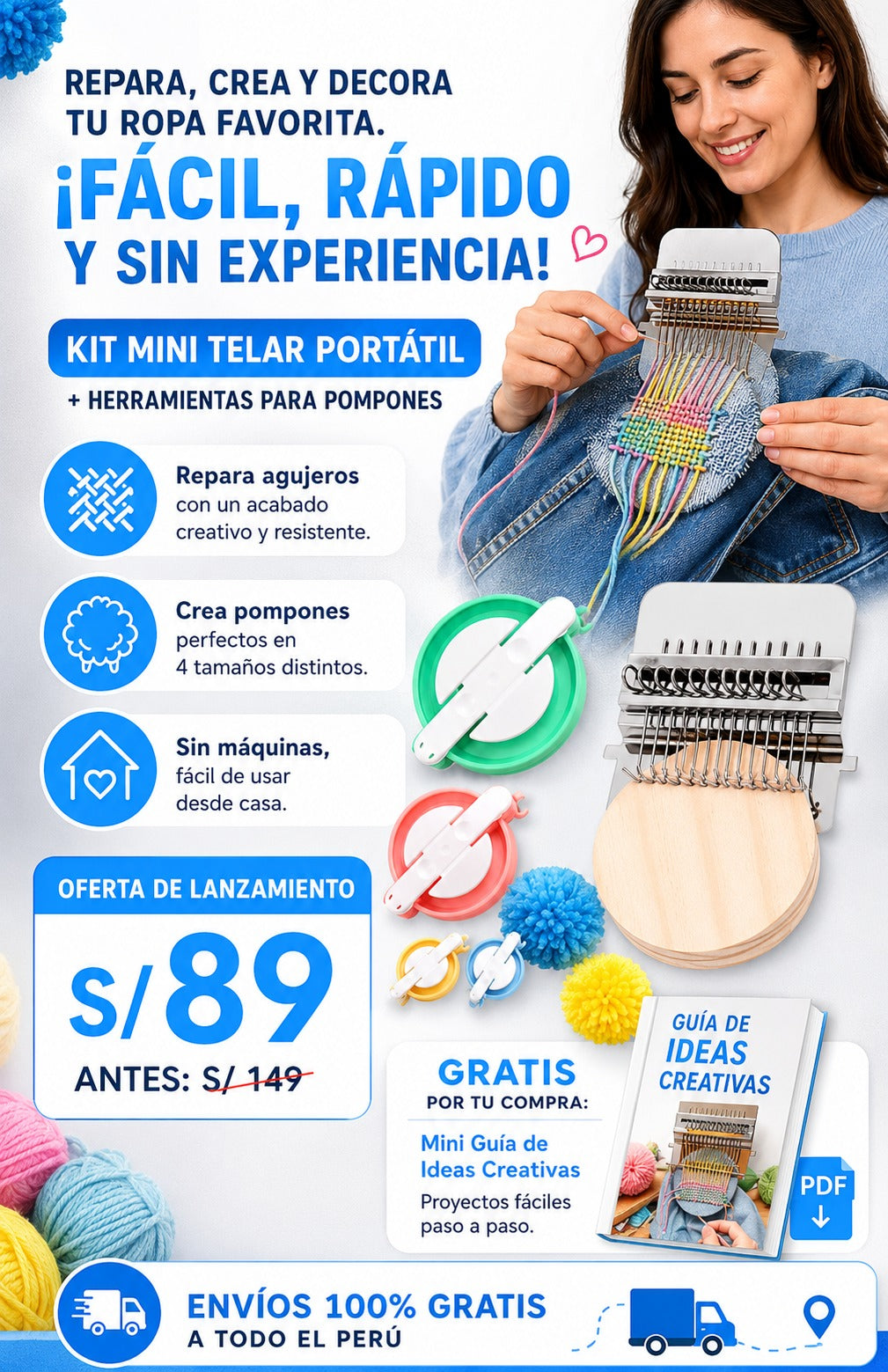 Kit Mini Telar Portátil + Herramientas Para Hacer Pompones