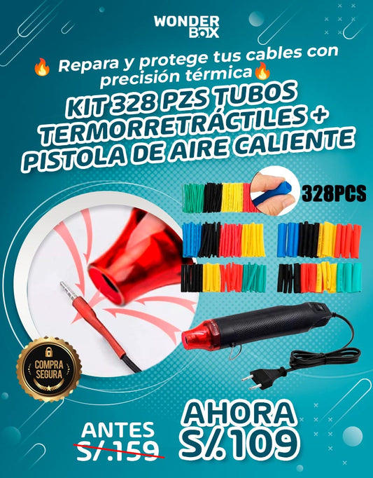KIT 328 PIEZAS DE TUBOS TERMORRETRÁCTILES + PISTOLA DE AIRE CALIENTE