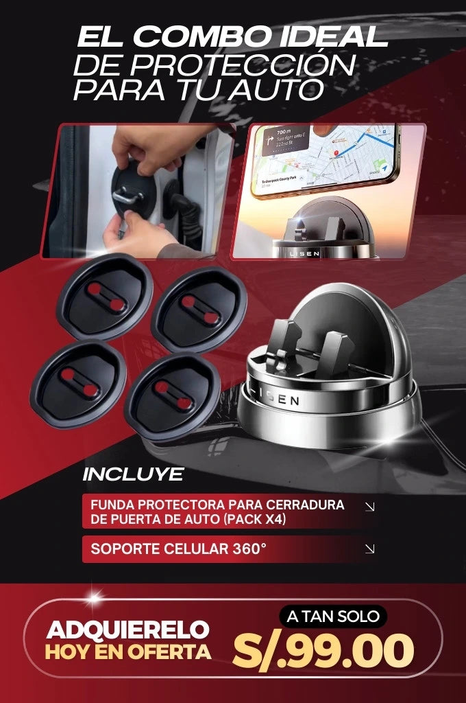 Funda protectora para cerradura de puerta de auto (Pack x4) + Soporte Celular 360