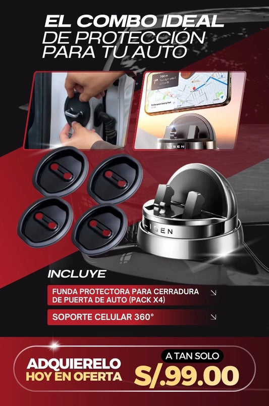Funda protectora para cerradura de puerta de auto (Pack x4) + Soporte Celular 360